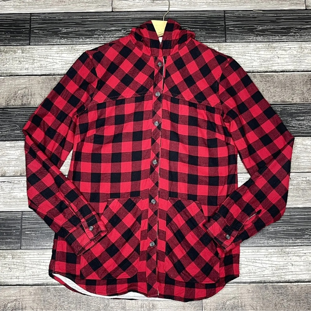 Eddie Bauer Women’s Shacket Size XS‎ Red Black Buffalo Plaid Hooded Shirt Jacket